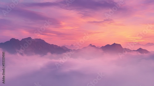 Pink Sky Over Misty Mountains Dreamy Mountain Range at Sunset, Floating in Clouds