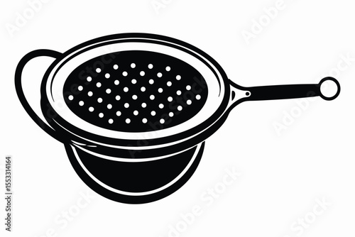 Black and White Illustration of Tea Strainer with Handle and Receptacle Pot