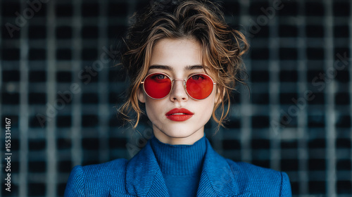 Young woman in a stylish blue suit and sunglasses poses confidently near a metal grid background