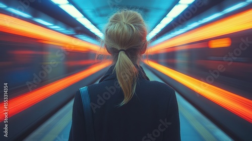 Woman standing in a tunnel with lights in motion artistic representation of urban lifestyle and solo traveling