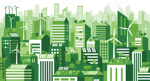 Vibrant Green Cityscape with Eco-Friendly Buildings, Wind Turbines, and Solar Panels Representing Sustainability