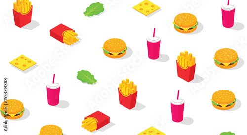 Vibrant Isometric Fast Food Pattern Featuring Burgers, French Fries, and Drinks for Design Backgrounds