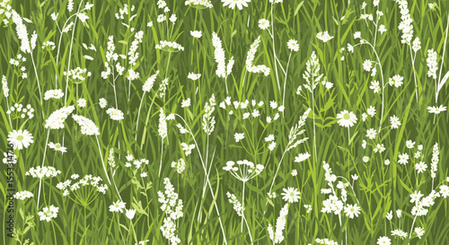 Abstract Green Meadow Seamless Pattern Featuring Stylized White Wildflowers and Lush Grasses Background