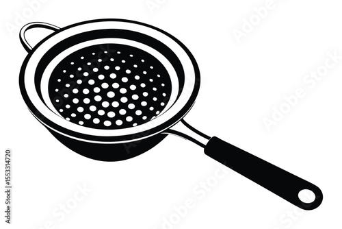 Black and White Illustration of a Kitchen Colander with Handle and Perforations