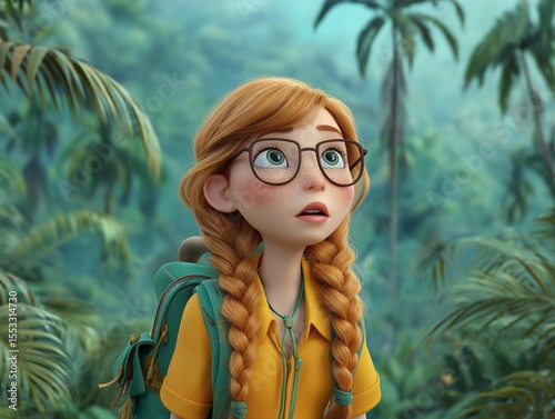 A thoughtful 3D cartoon girl with red hair and a backpack looks up with a pensive expression, feeling lost or alone in the deep jungle