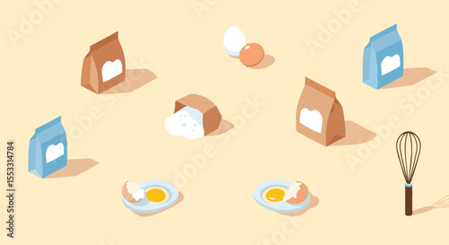 Isometric View Of Essential Baking Ingredients With Flour, Eggs, And A Whisk On A Light Background