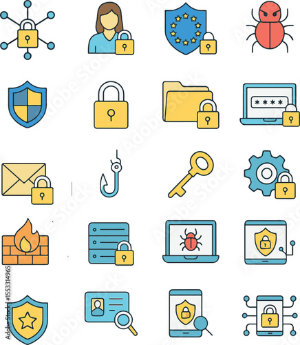 Cybersecurity and data protection icon set. Thin line editable stroke icons for network security, privacy, GDPR compliance, cyber threats, IT solutions, and secure technology