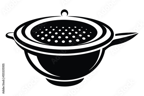 Black and White Illustration of a Colander with Handle and Perforated Bowl