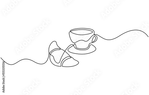  One continuous line drawing croissant with coffee mug. Breakfast in simple linear style, breakfast with croissant and coffee drawn in one line style
