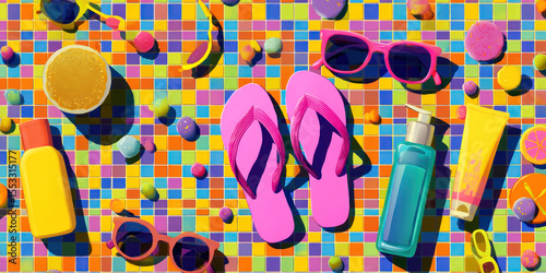 Colorful summer beach accessories arranged on a vibrant mosaic background, featuring sunglasses, flip flops, sunscreen, and refreshing drink, evoking a fun vacation atmosphere