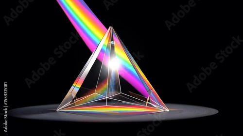 Crystal pyramid refracts light into a rainbow spectrum on a dark, reflective surface