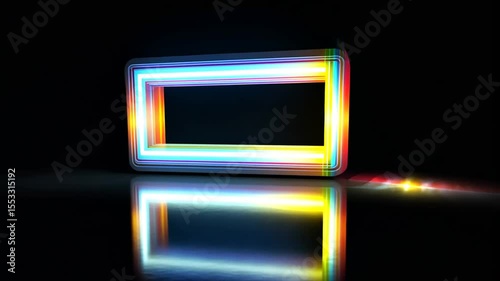 Glowing square shape with rainbow light stripes reflecting on a glossy dark surface