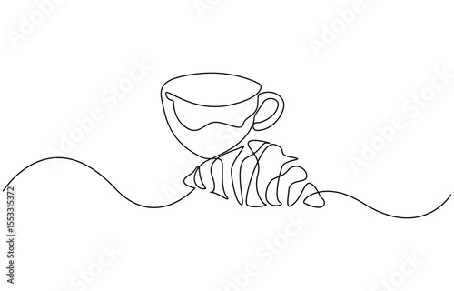  One continuous line drawing croissant with coffee mug. Breakfast in simple linear style, breakfast with croissant and coffee drawn in one line style