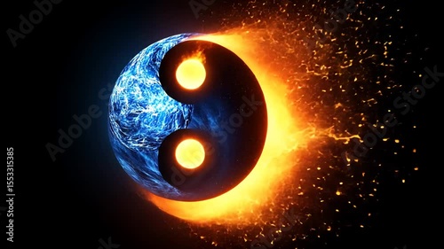 Yin and Yang symbol, contrasting blue planet and fiery solar eclipse in cosmic darkness