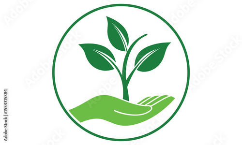 A green circular emblem featuring a stylized hand gently cradling a growing plant with three vibrant green leaves symbolizing growth sustainability and care for nature