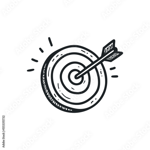 Doodle illustration of a dartboard with arrow on isolated white background