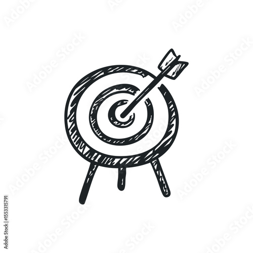 Doodle illustration of a dartboard with arrow on isolated white background