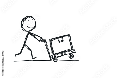 A person pushing delivery cart doodle illustration on white background