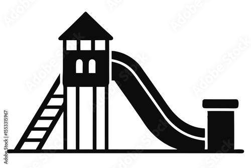 Black Silhouette of a Playground Tower with Slide and Ladder Equipment Isolated on White