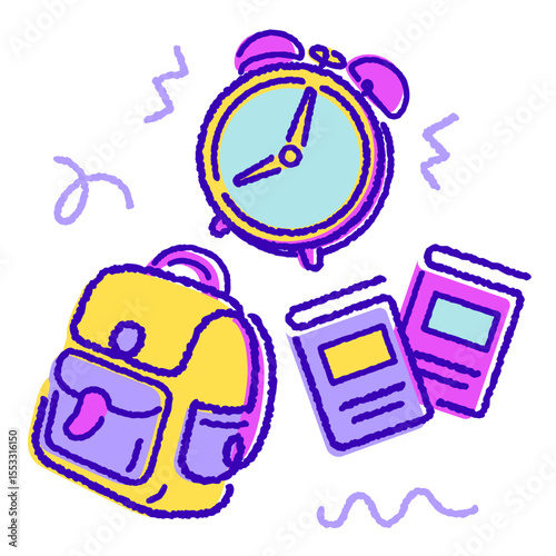 playful education illustration, back to school concept flat outline alarm bag and books handdrawn style