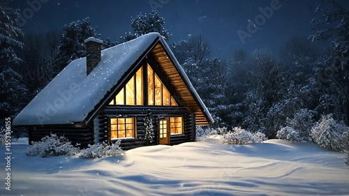 Snowy cabin at night nestled in a forest, light glowing from windows into snowy landscape