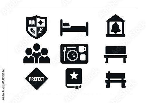 Boarding School Icons. Solid, filled icons set of boarding school traditions: school crest, dorm bed, study