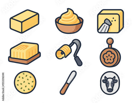 Butter Tools Icon Set. Flat icon set of butter varieties and tools: stick butter, whipped butter, salted
