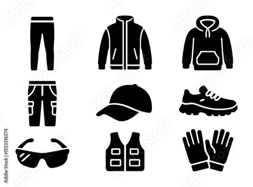 Outdoor Training Gear Icons. Solid, filled icons set of outdoor training wear: thermal leggings, windproof