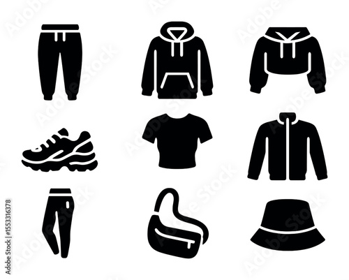 Athleisure Icon Grid. Solid, filled icons set of athleisure fashion staples: jogger pants, oversized hoodie,
