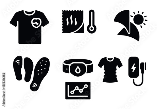 High-Tech Sportswear Icons. Solid, filled icons set of high-tech sportswear innovations: smart shirt,