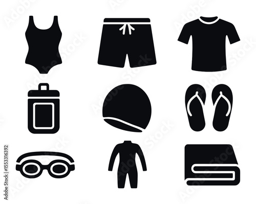 Swimwear and Gear Icons. Solid, filled icons set of swimwear and water sports gear: one-piece suit, swim