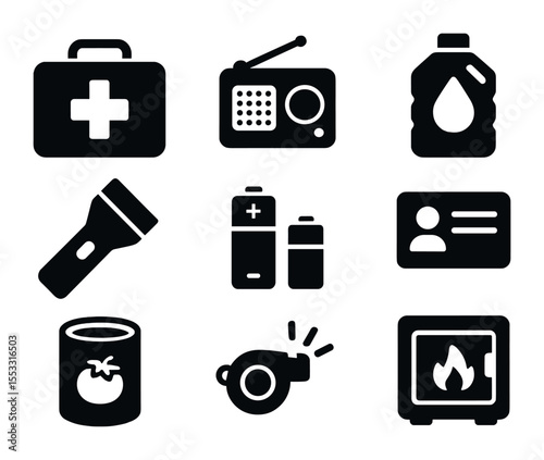 Emergency Gear Icons. Solid, filled icons set of emergency preparedness gear: first aid kit, emergency radio,
