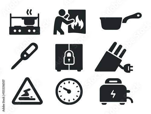 Kitchen Safety Icons. Solid, filled icons set of kitchen hazard prevention: stove guard, fire blanket, pot