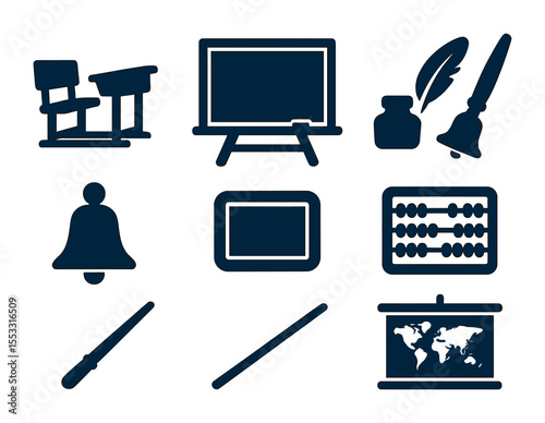 Vintage Education Icons. Solid, filled icons set of historical education methods and old classrooms: wooden