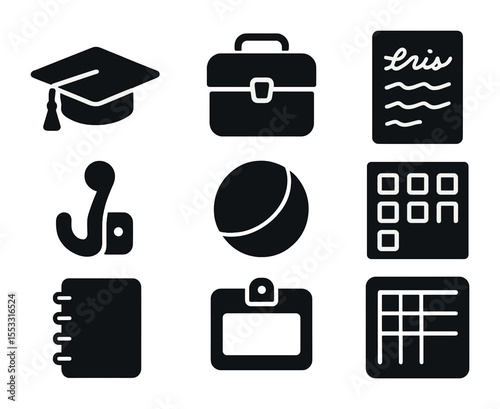 Student Life Icons. Solid, filled icons set of student life in early schools: school cap, lunch pail,