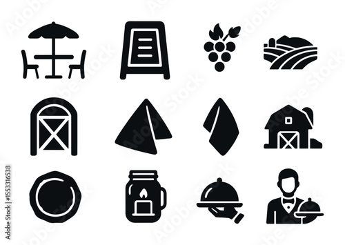 Farm Restaurant Icons. Solid, filled icons set of farm restaurant setup: outdoor table, chalkboard menu,