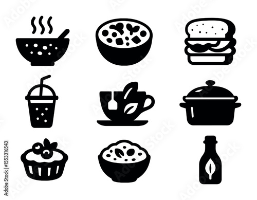 Homemade Organic Icons. Solid, filled icons set of homemade organic meals: soup bowl, grain salad, veggie