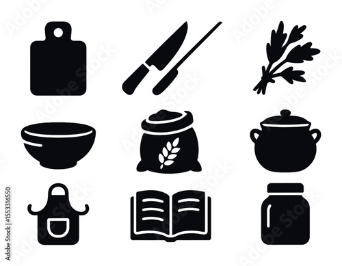 Rustic Kitchen Icons. Solid, filled icons set of rustic kitchen prep: chopping board, kitchen knife, herb