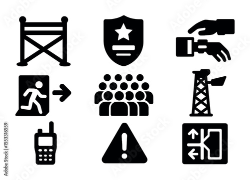 Concert Safety Icons Grid. Solid, filled icons set of concert crowd safety: stage barrier, security badge,