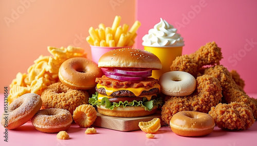 Variety of junk and unhealthy foods like burgers, fries, donuts, soda, and candy on dark surface.