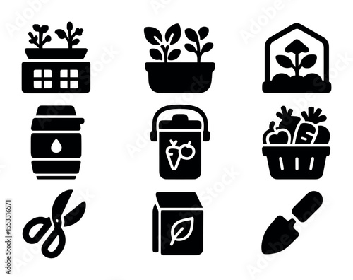 Zero-Mile Food Icons. Solid, filled icons set of zero-mile food concepts: rooftop garden, kitchen planter,
