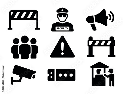 Crowd Control Icons. Solid, filled icons set of crowd control: barrier fence, security guard, megaphone, crowd