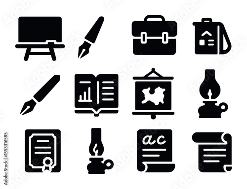 19th Century School Icons. Solid, filled icons set of 19th century classroom items: blackboard, ink pen,