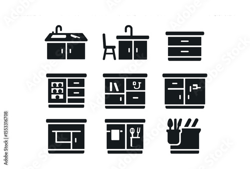 Modern Kitchen Island Icons. Solid, filled icons set of multifunctional kitchen island designs: prep zone,