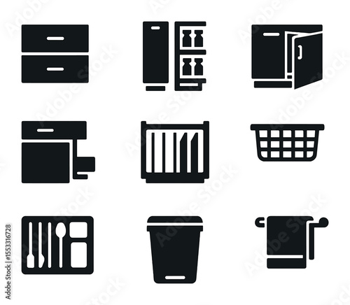 Kitchen Storage Icons. Solid, filled icons set of kitchen island storage solutions: deep drawers, spice