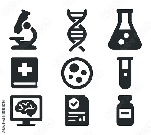 Medical Icons Collection. Solid, filled icons set of medical research and discoveries: microscope, DNA strand,