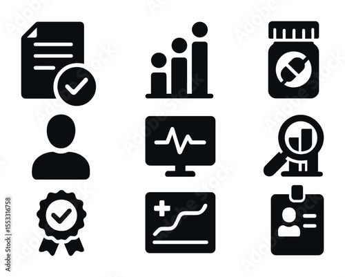 Clinical Trial Icons Set. Solid, filled icons set of clinical trial stages: consent form, trial phase chart,