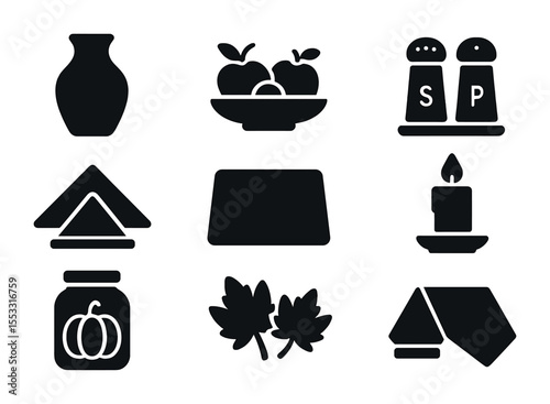 Kitchen Island Icons. Solid, filled icons set of kitchen island decor: ceramic vase, fruit bowl, salt and