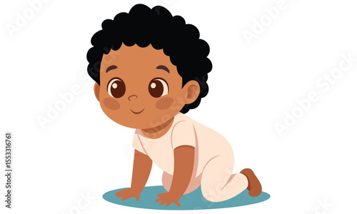 Adorable cartoon illustration of a happy baby with dark curly hair and brown skin crawling on a blue mat wearing a light pink onesie isolated on a white background