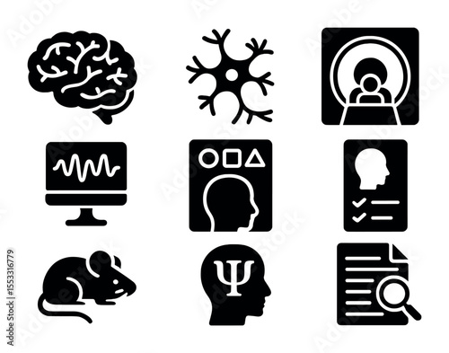 Neurological Discovery Icons. Solid, filled icons set of neurological discoveries: brain diagram, neuron